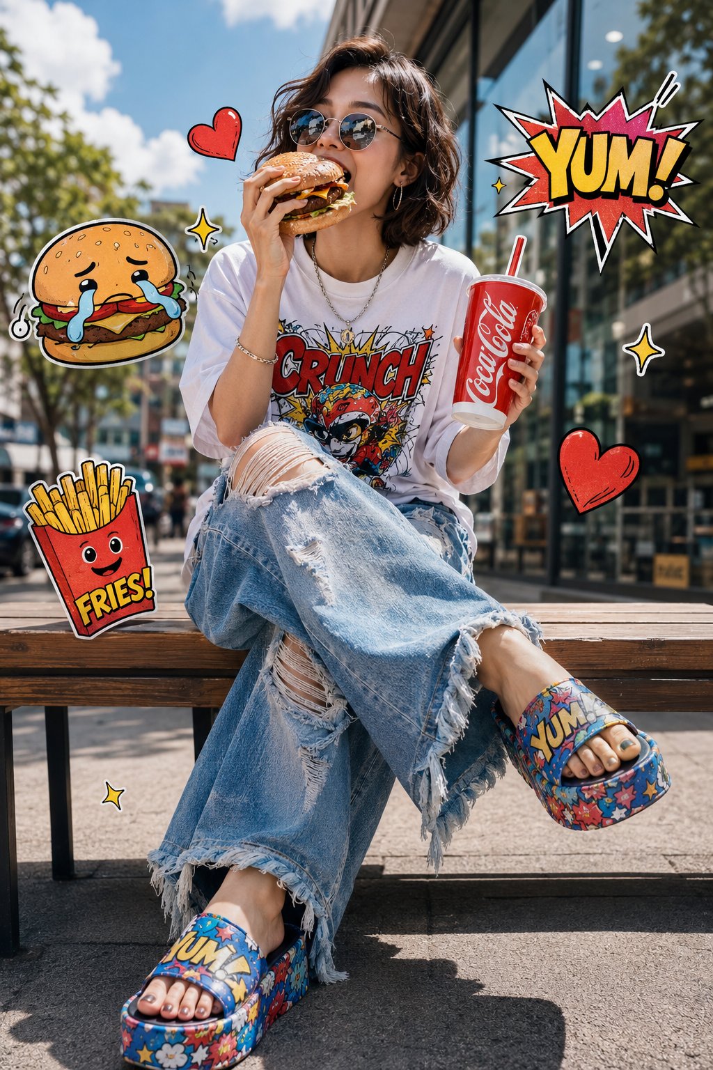 波普艺术风格时尚亚裔女生吃汉堡 / Stylish Asian Woman Pop Art Mixed Media Fashion，角色设计，35mm、人像、时尚，案例输出图 2