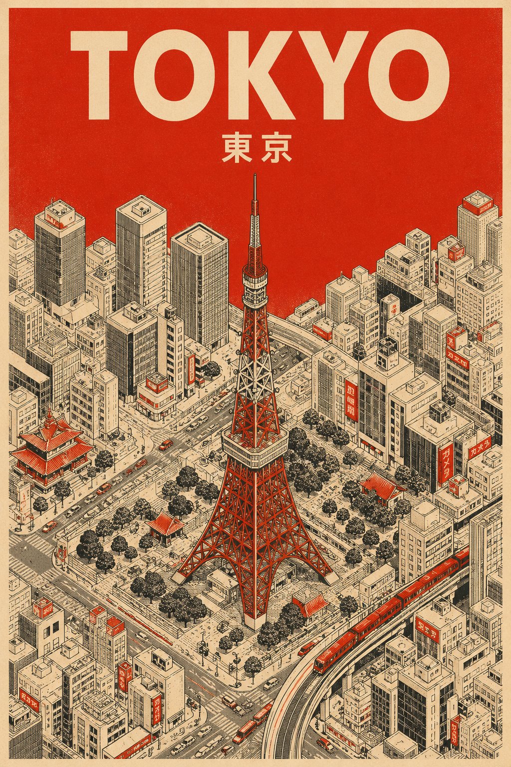极简世纪中叶等距视角城市旅游海报 / Mid Century Isometric Travel Poster Prompt，海报与插画，海报、插画、城市视觉，案例输出图 1