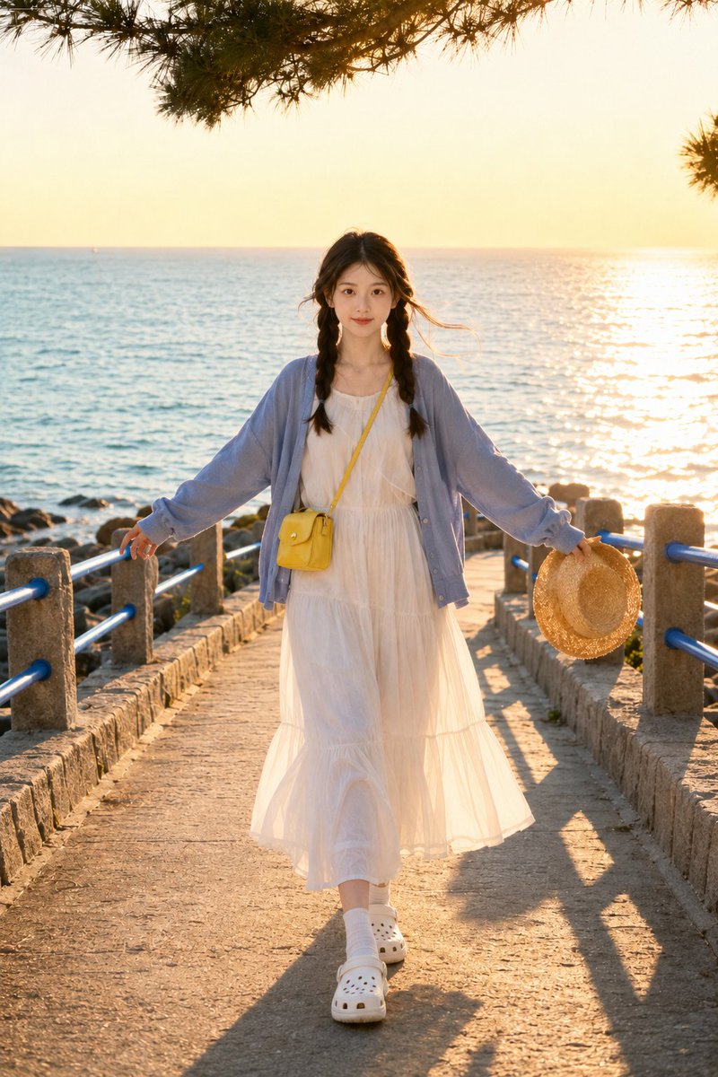 黄金时刻海边漫步少女摄影提示词 / Golden Hour Seaside Girl Travel Portrait,角色设计,人像、电影感、角色,案例输出图 1