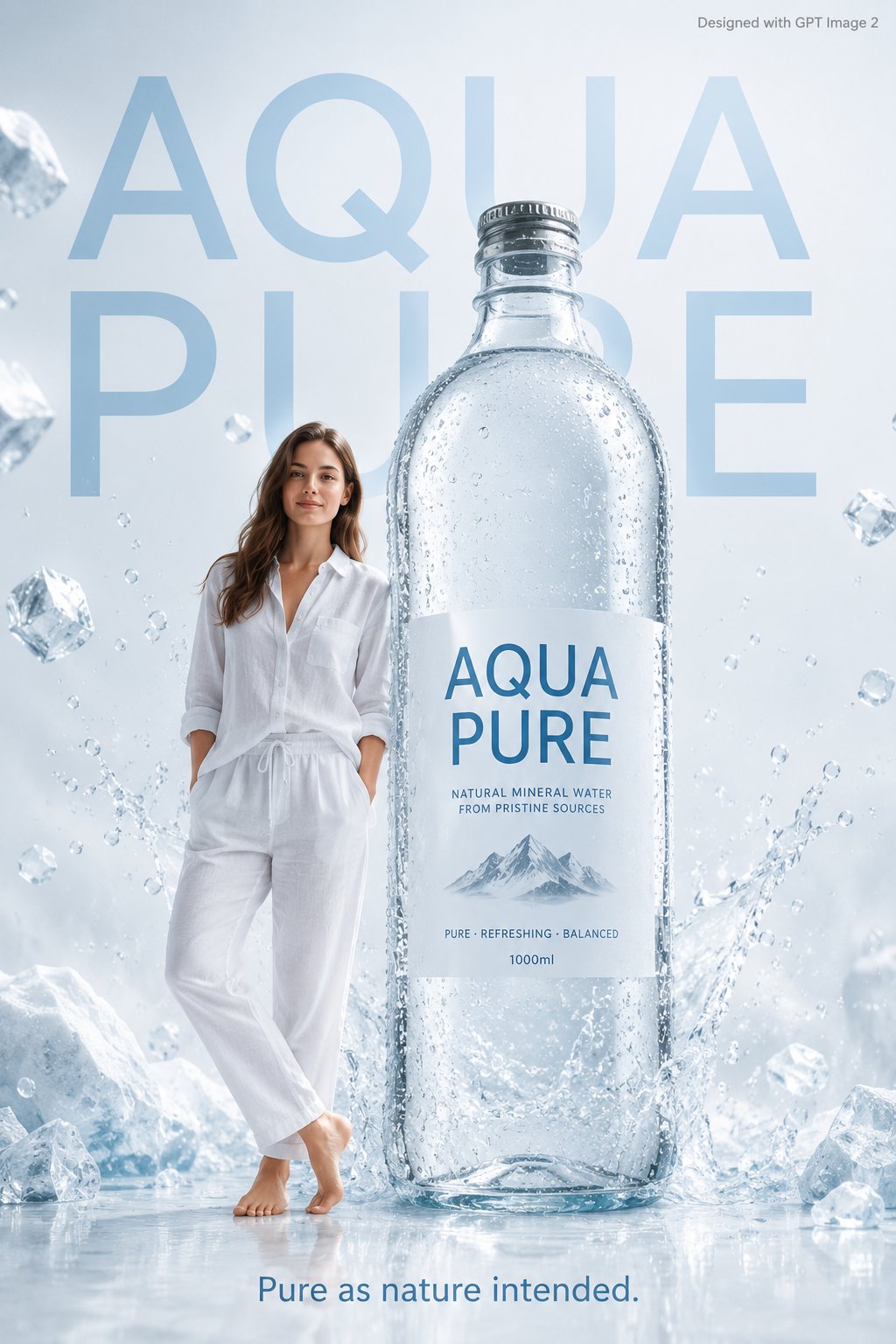 纯净矿泉水极简风商业海报 / Aqua Pure Mineral Water Advertising Poster，人像与摄影，人像、电影感、海报，案例输出图 1