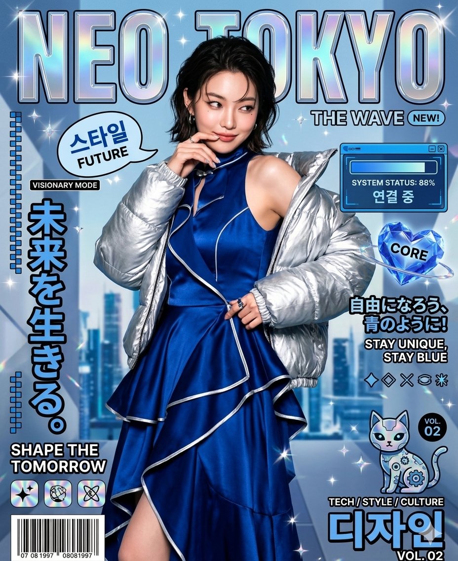 复古未来主义赛博朋克杂志封面 / Retro Futuristic Cyberpunk Magazine Style，人像与摄影，霓虹、人像、时尚，案例输出图 1