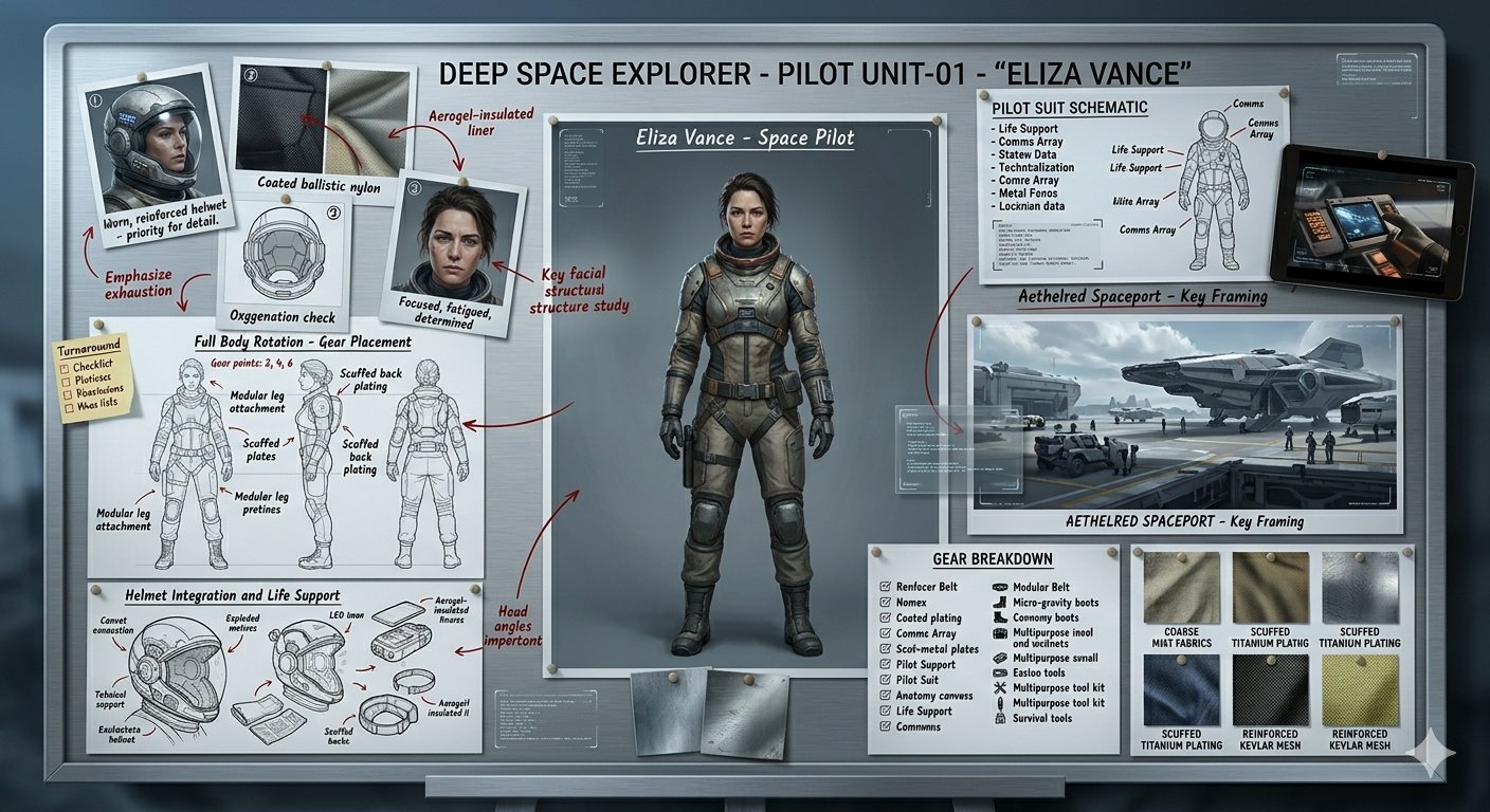高端写实科幻电影角色开发设定板 / Cinematic Sci Fi Character Development Board，UI 与社交媒体截图，35mm、人像、电影感，案例输出图 2