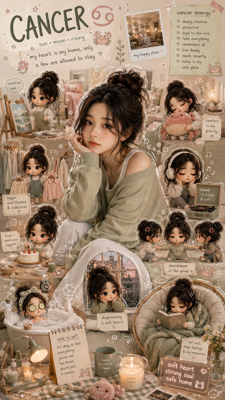 巨蟹座治愈系少女生活手账风格海报 / Cancer Zodiac Cozy Lifestyle Poster Prompt，角色设计，电影感、时尚、海报，案例输出图 1