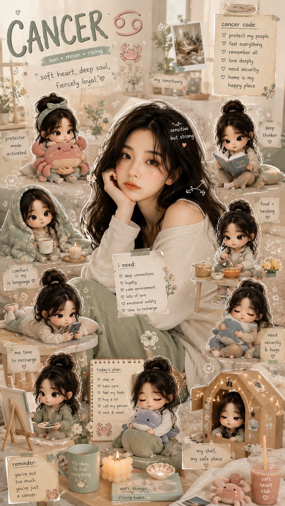 巨蟹座治愈系少女生活手账风格海报 / Cancer Zodiac Cozy Lifestyle Poster Prompt，角色设计，电影感、时尚、海报，案例输出图 2