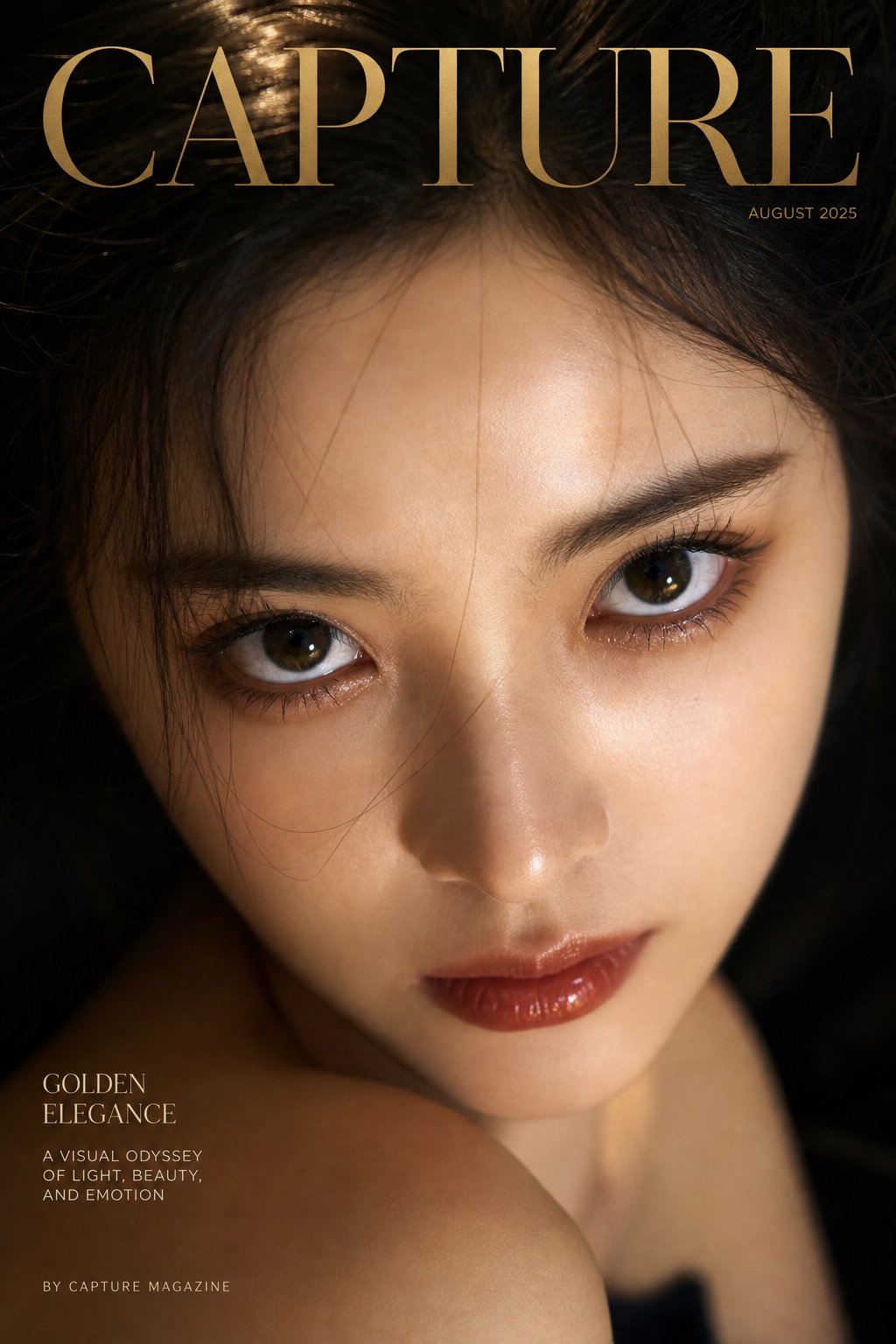 奢华杂志封面仰视视角极近特写人像 / Luxury Magazine Cover High Angle Close Up Portrait，人像与摄影，人像、电影感、时尚，案例输出图 1