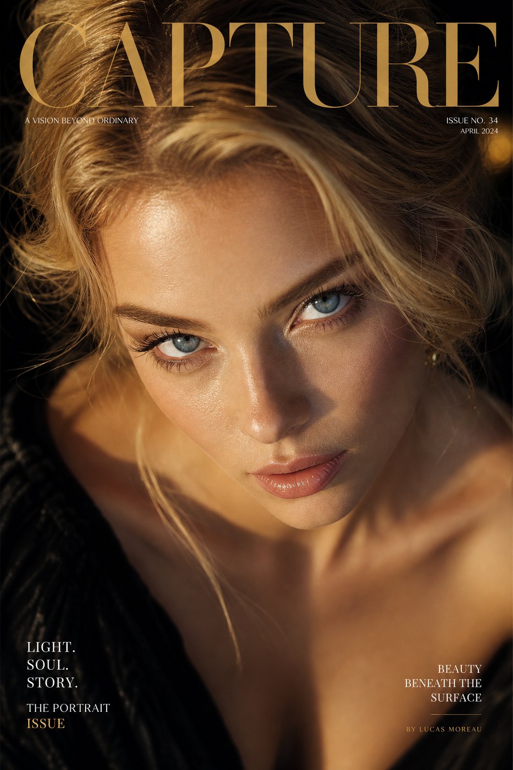 奢华杂志封面仰视视角极近特写人像 / Luxury Magazine Cover High Angle Close Up Portrait，人像与摄影，人像、电影感、时尚，案例输出图 2
