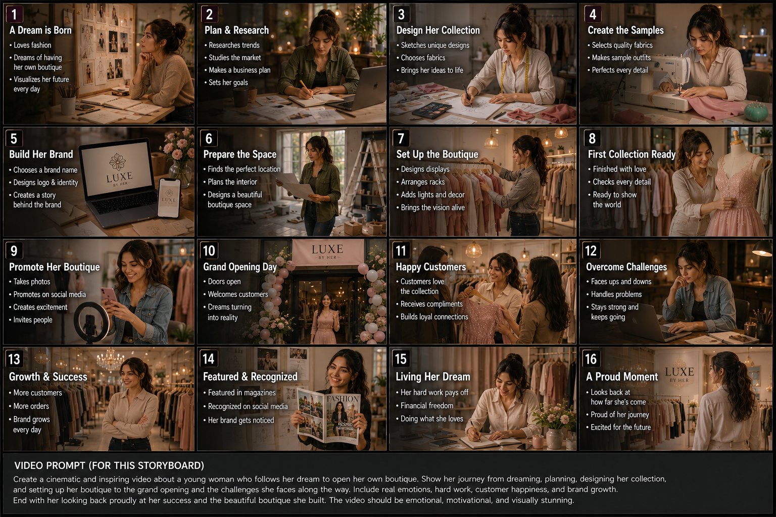 电影感时尚精品店创业历程十六宫格分镜 / Cinematic Fashion Boutique Entrepreneurship Storyboard，角色设计，电影感、时尚、插画，案例输出图 1
