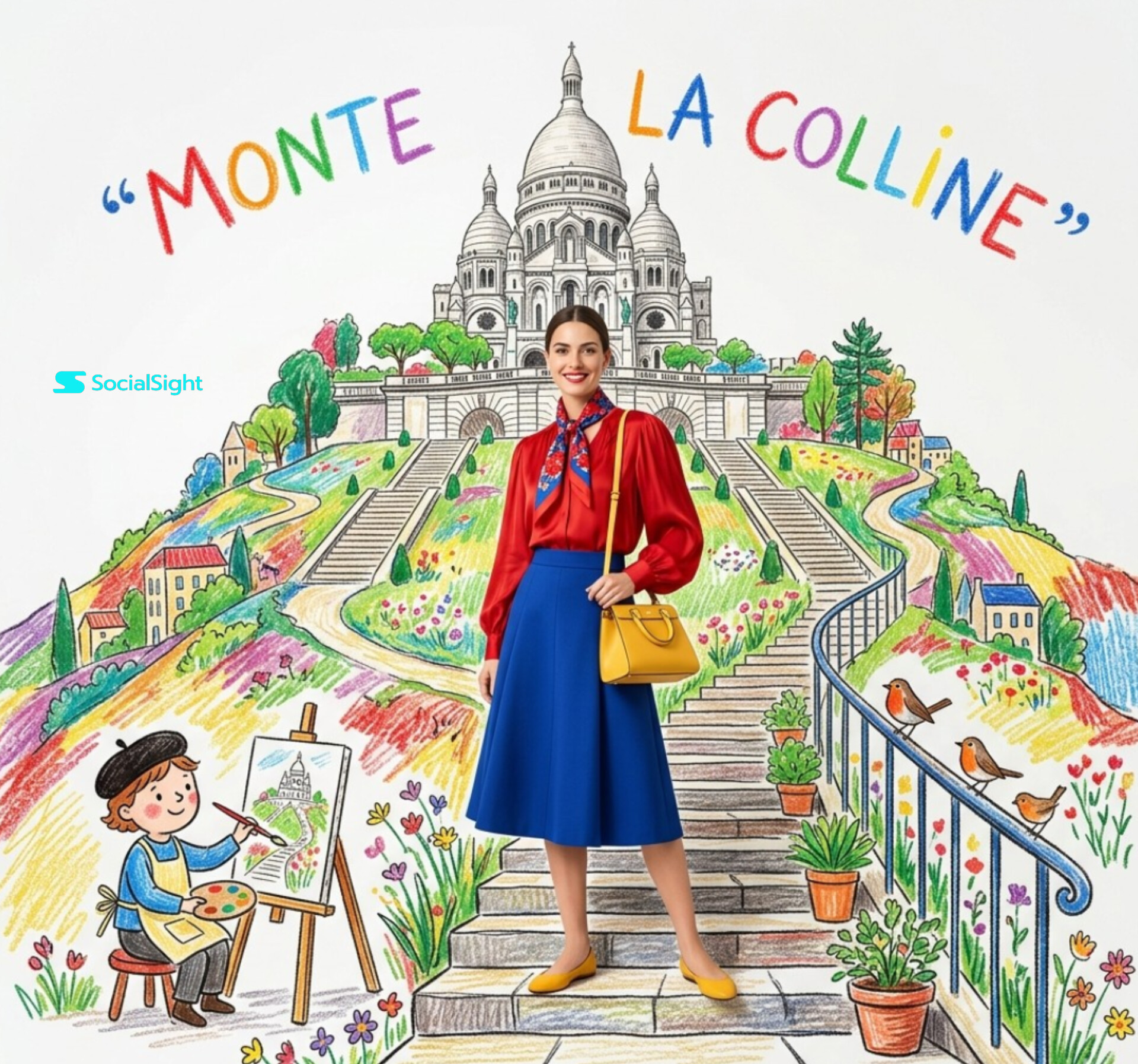 法式时尚大片与手绘蜡笔插画融合 / Editorial Fashion Crayon Illustration Parisian Cafe，人像与摄影，人像、时尚、插画，案例输出图 1