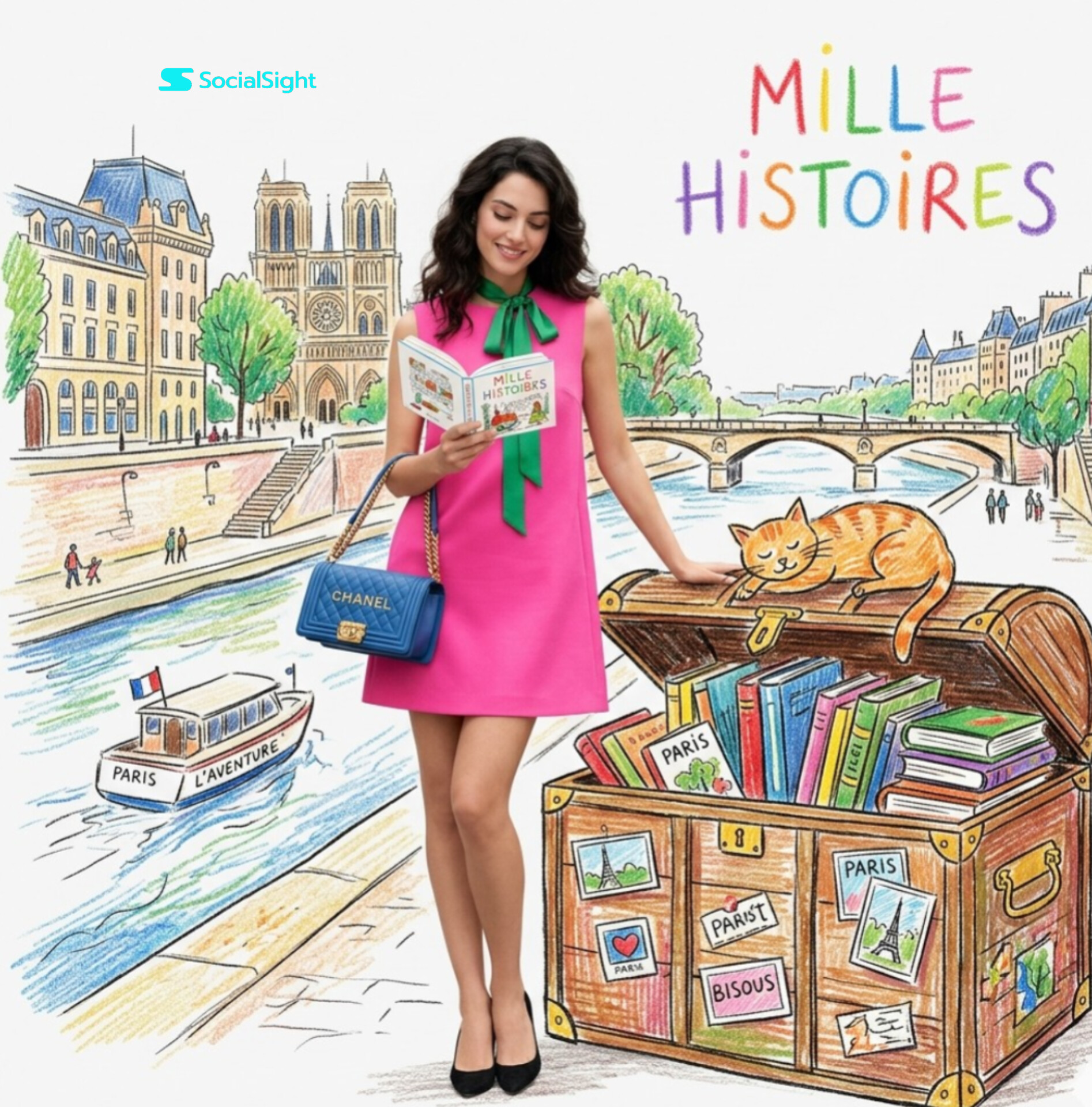 法式时尚大片与手绘蜡笔插画融合 / Editorial Fashion Crayon Illustration Parisian Cafe，人像与摄影，人像、时尚、插画，案例输出图 2