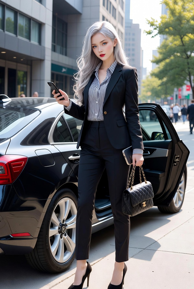 银白长发黑西装职场精英女性街拍 / Silver Hair Businesswoman Luxury Car City Street,人像与摄影,人像、电影感、城市视觉,案例输出图 1