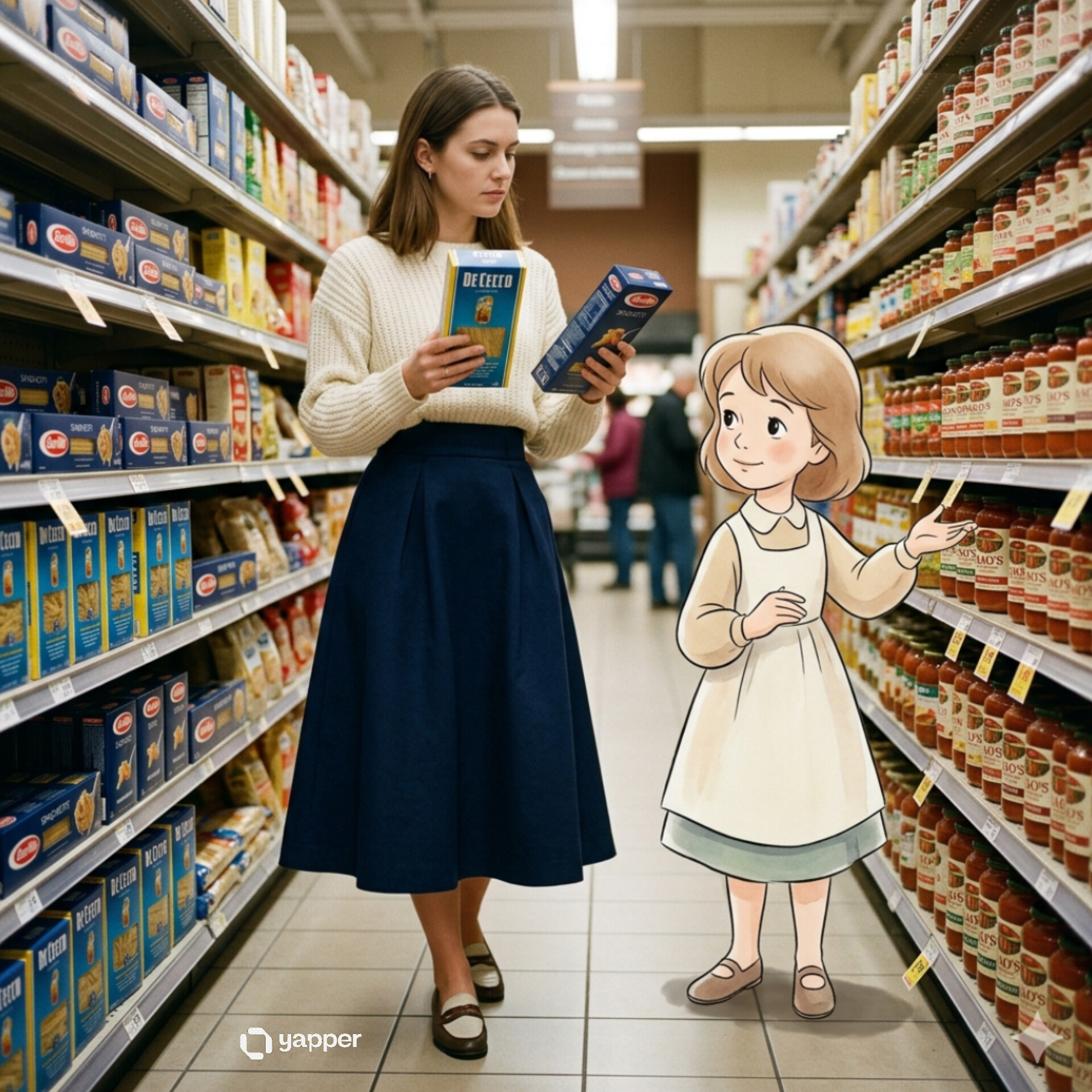 真实女性与复古迪士尼动画助理超市购物 / Realistic Woman Vintage Disney Supermarket Interaction，人像与摄影，35mm、人像、电影感，案例输出图 1