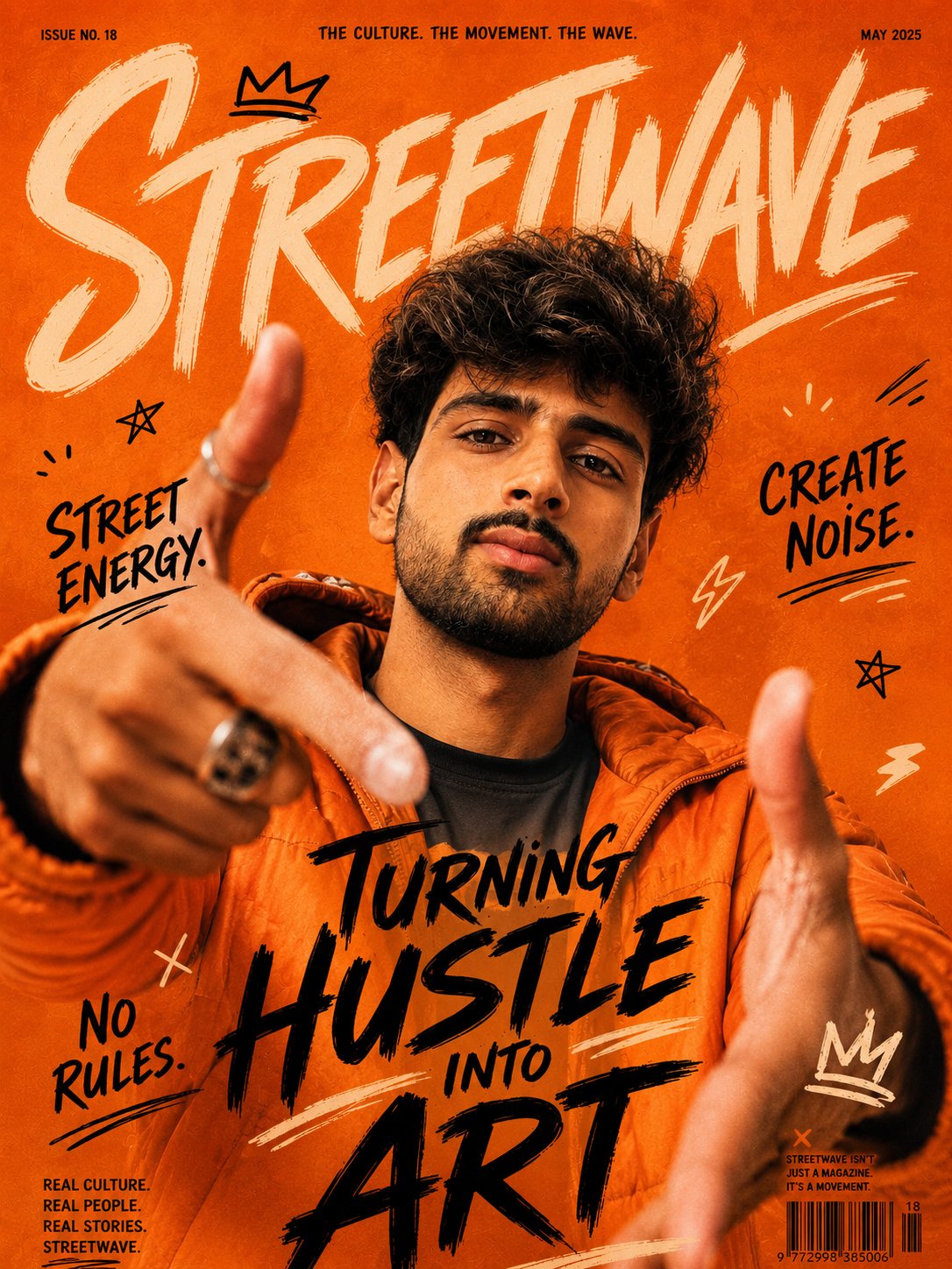 橙色潮流街头风格男士杂志封面海报 / Urban Orange Streetwear Magazine Cover South Asian Man，角色设计，电影感、时尚、海报，案例输出图 1