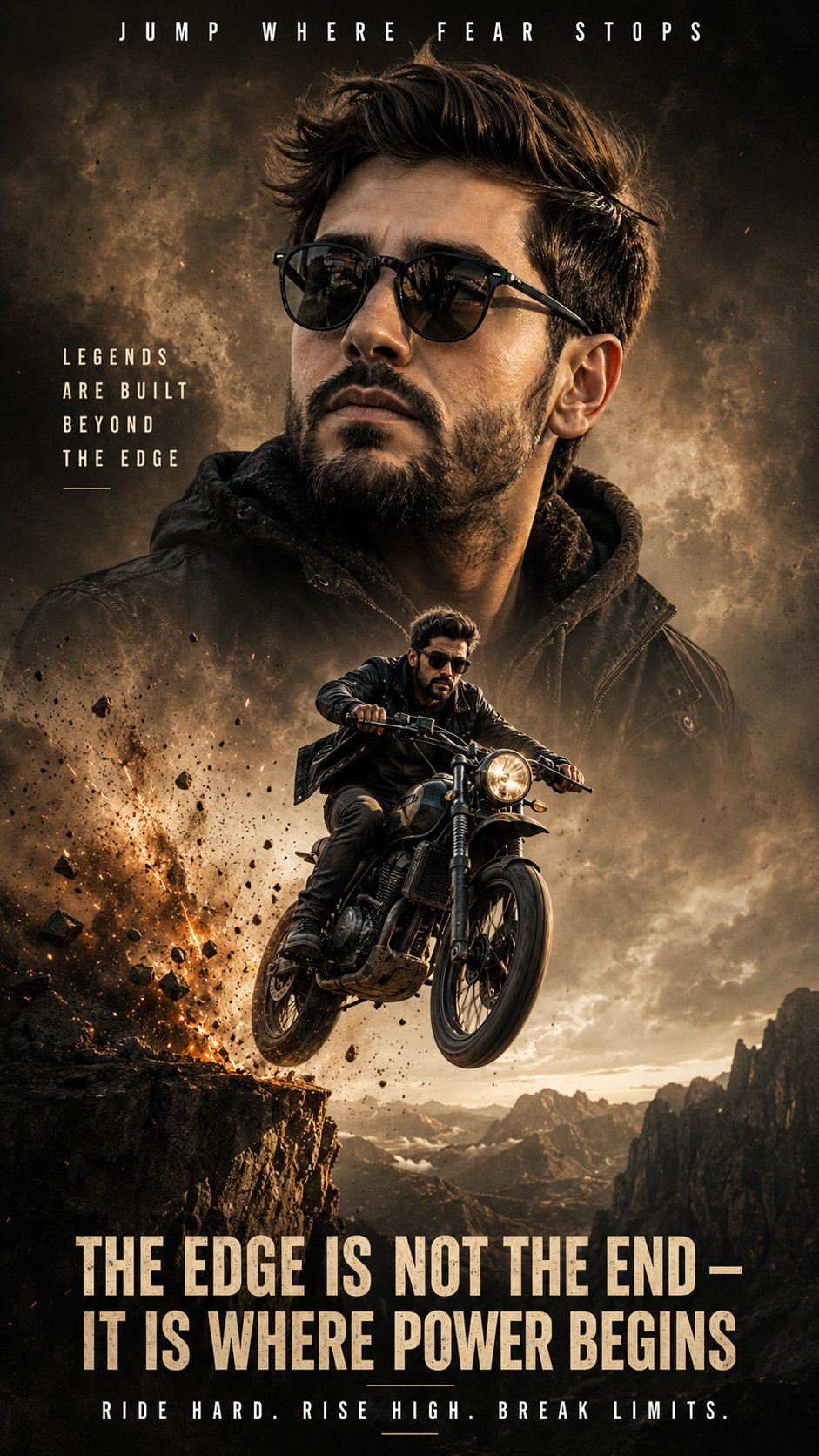超写实双重曝光机车励志电影海报 / Ultra Realistic Motivational Action Motorcycle Poster，人像与摄影，35mm、人像、电影感，案例输出图 1