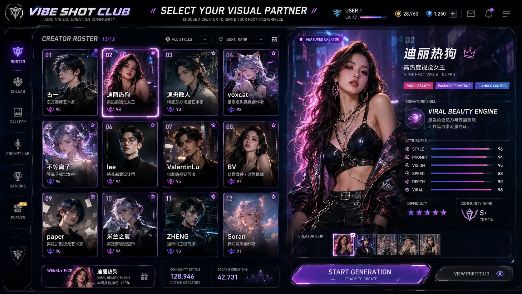 VIBE SHOT CLUB 高级创作者选择界面 / Vibe Shot Club Ai Creator Selection Ui，模型对比与社区，35mm、霓虹、人像，案例输出图 2