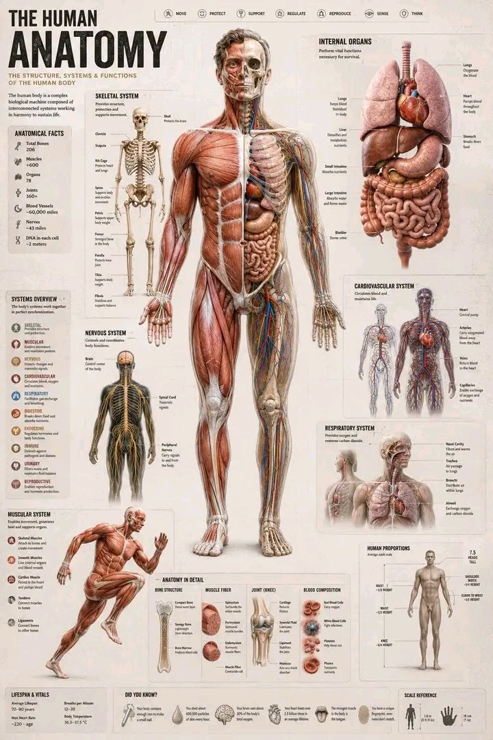 人体解剖学详尽教育信息图 / Human Anatomy Educational Infographic Parchment Style，模型对比与社区，排版、信息图、竖版，案例输出图 1
