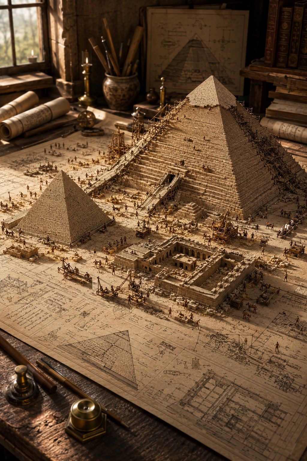 建筑蓝图上的古文明建造微缩景观 / Ancient Civilization Construction Diorama Blueprints，人像与摄影，人像、电影感、时尚，案例输出图 1