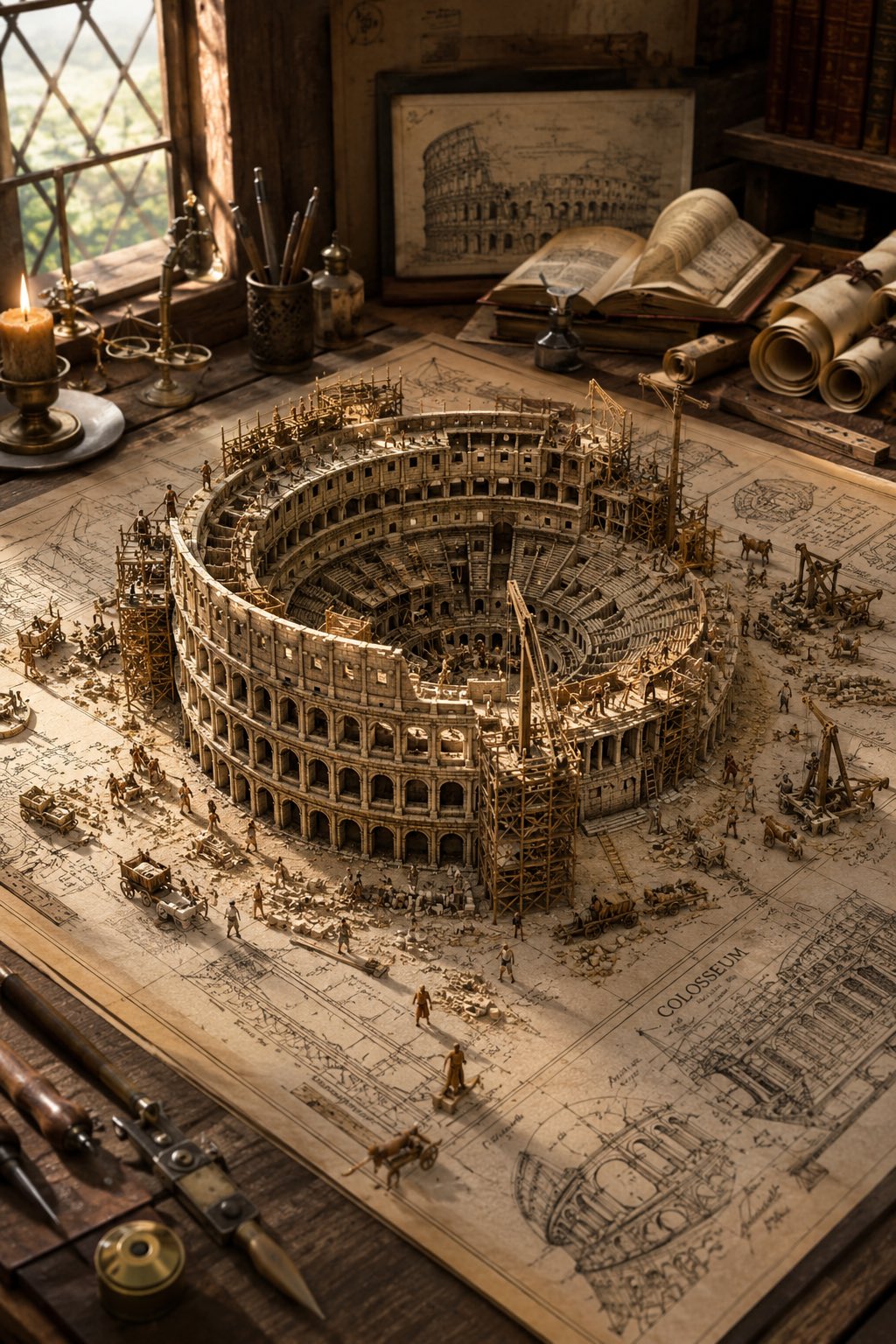 建筑蓝图上的古文明建造微缩景观 / Ancient Civilization Construction Diorama Blueprints，人像与摄影，人像、电影感、时尚，案例输出图 2
