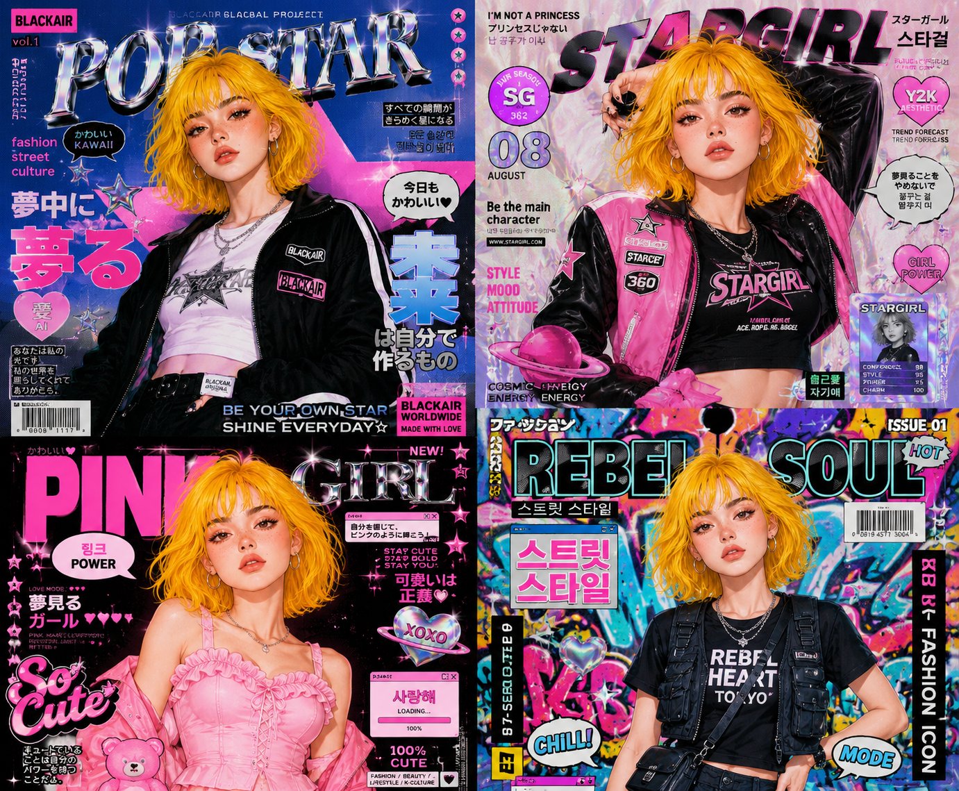 千禧风韩系杂志四格拼贴插画 / Y2k K Fashion Magazine Collage Anime Girl,角色设计,霓虹、时尚、海报,案例输出图 1