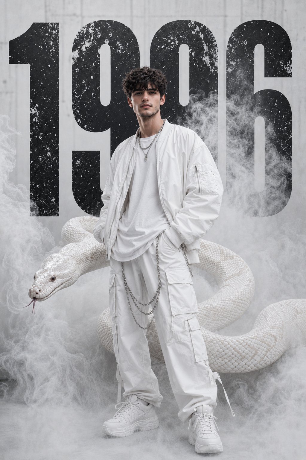 纯白街头奢侈时装与白蟒时尚大片 / Ultra Realistic White Streetwear Fashion Python Editorial,角色设计,人像、电影感、时尚,案例输出图 1