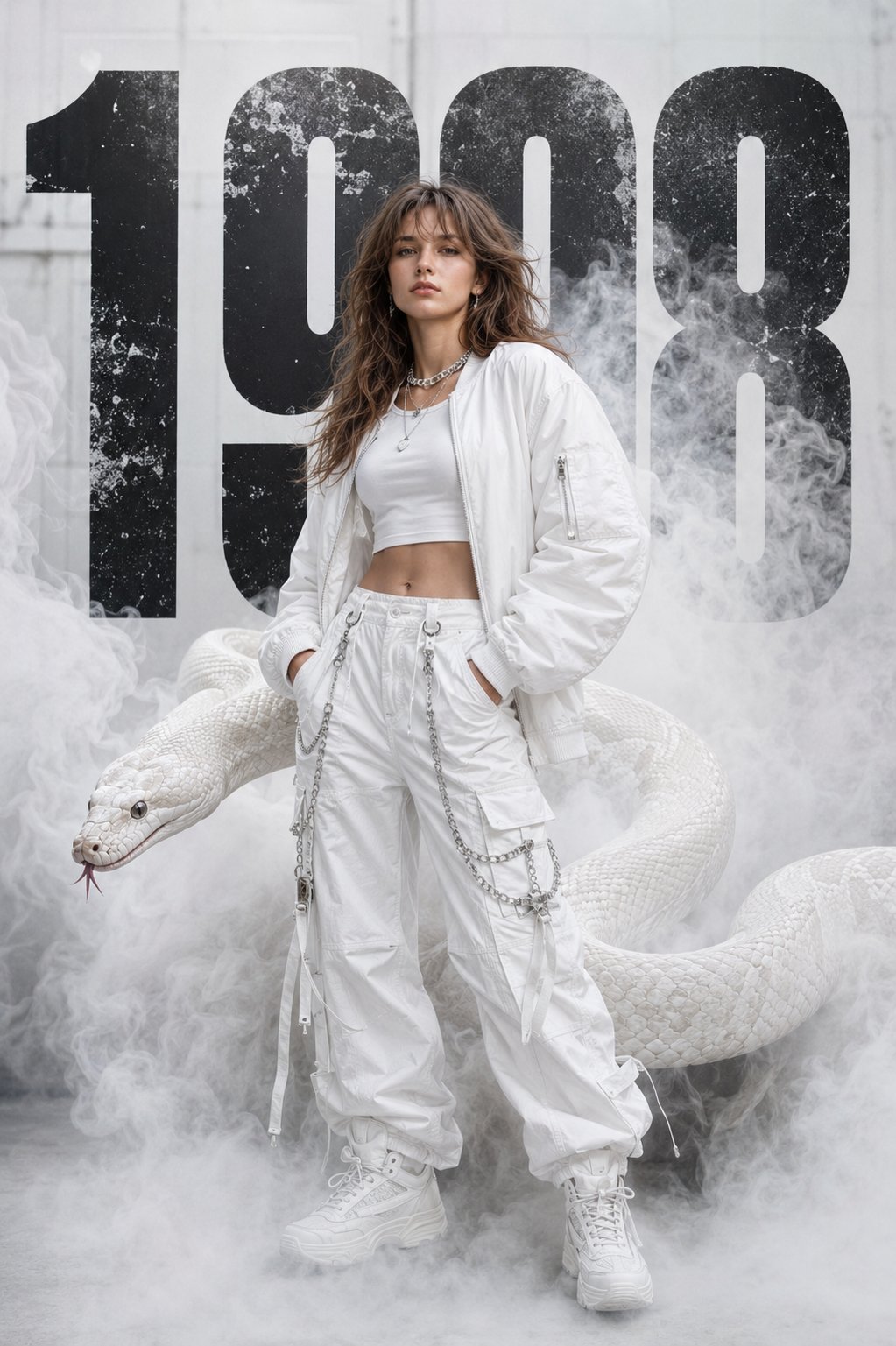 纯白街头奢侈时装与白蟒时尚大片 / Ultra Realistic White Streetwear Fashion Python Editorial，角色设计，人像、电影感、时尚，案例输出图 2