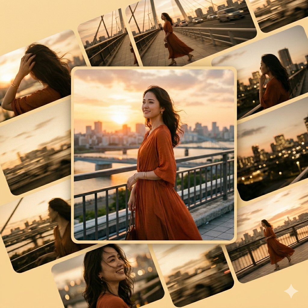 唯美日落日本女性时尚电影拼贴画报 / Cinematic Japanese Fashion Sunset Collage Prompt，角色设计，电影感、时尚、海报，案例输出图 2