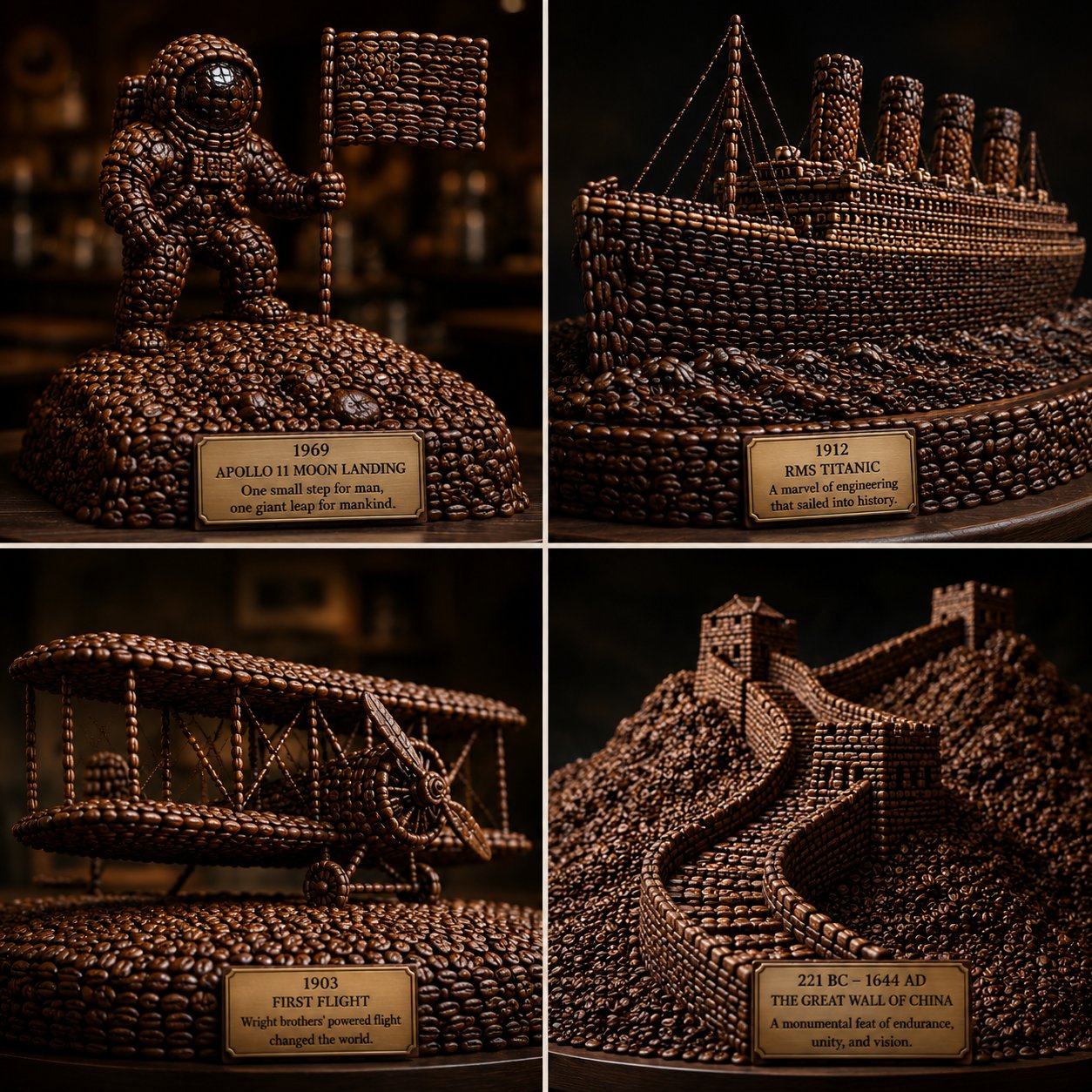 咖啡豆雕塑风格人类成就艺术 / Coffee Bean Sculpture Human Achievements,人像与摄影,人像、人像与摄影,案例输出图 1
