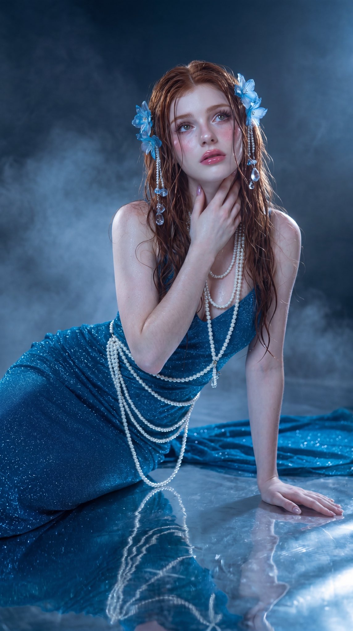 蓝宝石色调梦幻红发少女珍珠配饰人像摄影 / Ethereal Fantasy Portrait Woman Sapphire Gown Pearls，人像与摄影，人像、电影感、时尚，案例输出图 2