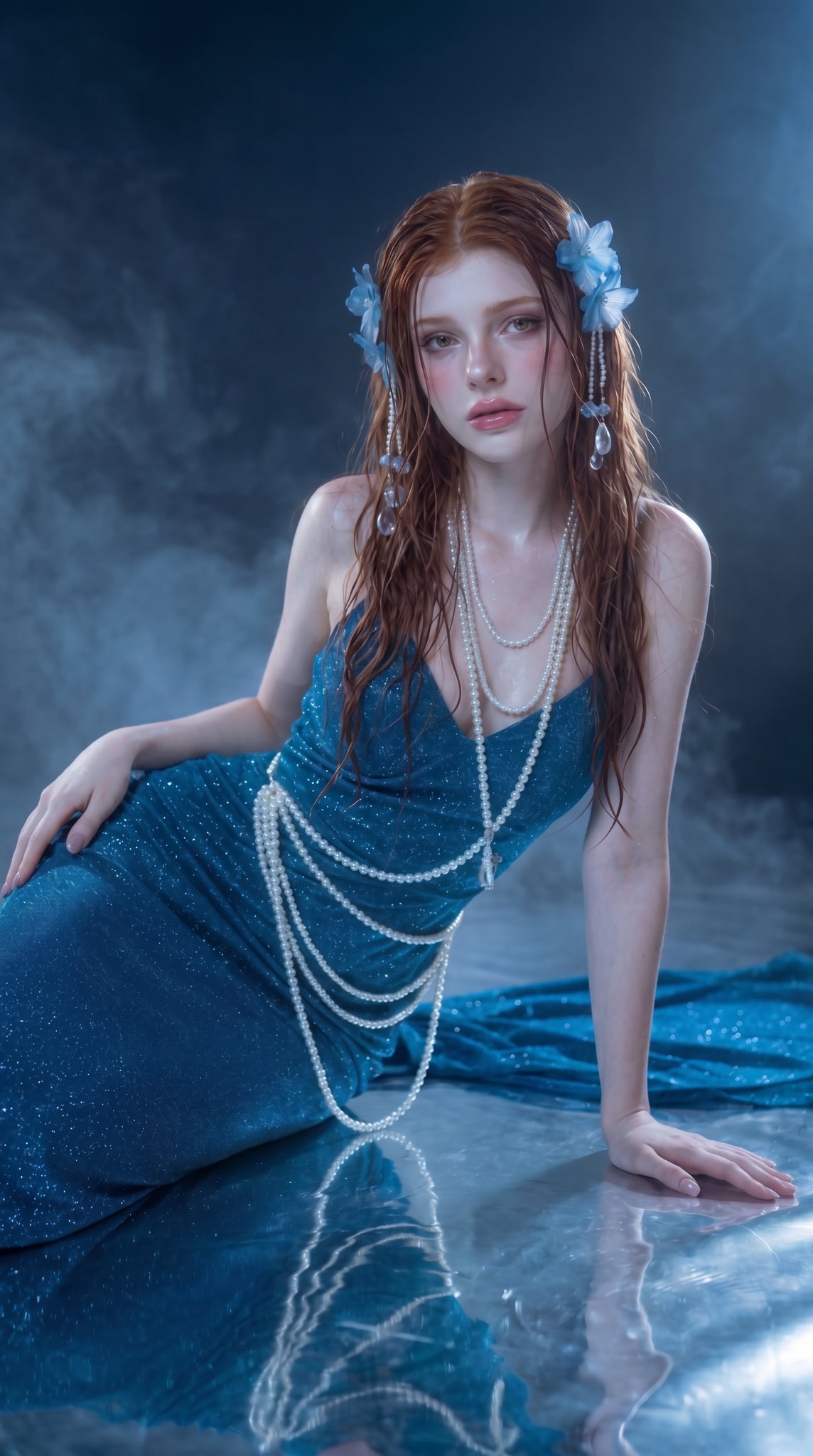 蓝宝石色调梦幻红发少女珍珠配饰人像摄影 / Ethereal Fantasy Portrait Woman Sapphire Gown Pearls,人像与摄影,人像、电影感、时尚,案例输出图 1