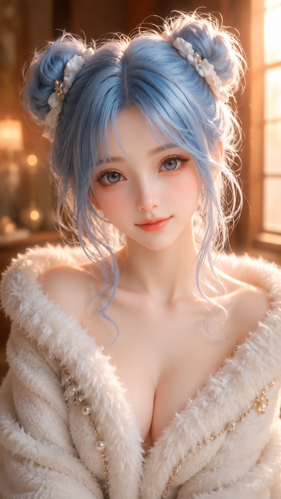东方幻想系甜美蓝发毛绒披肩少女 / Oriental Fantasy Blue Haired Girl 3d Cg Illustration,角色设计,人像、电影感、插画,案例输出图 1