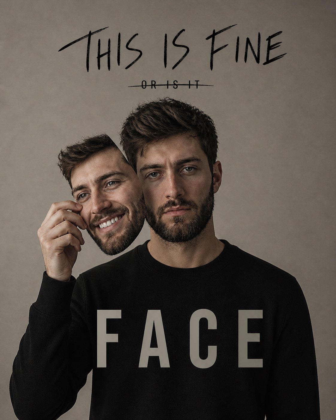 超写实揭开面具的年轻人双重人格肖像 / Hyper Realistic Man Holding Face Mask Portrait,人像与摄影,人像、极简、排版,案例输出图 1