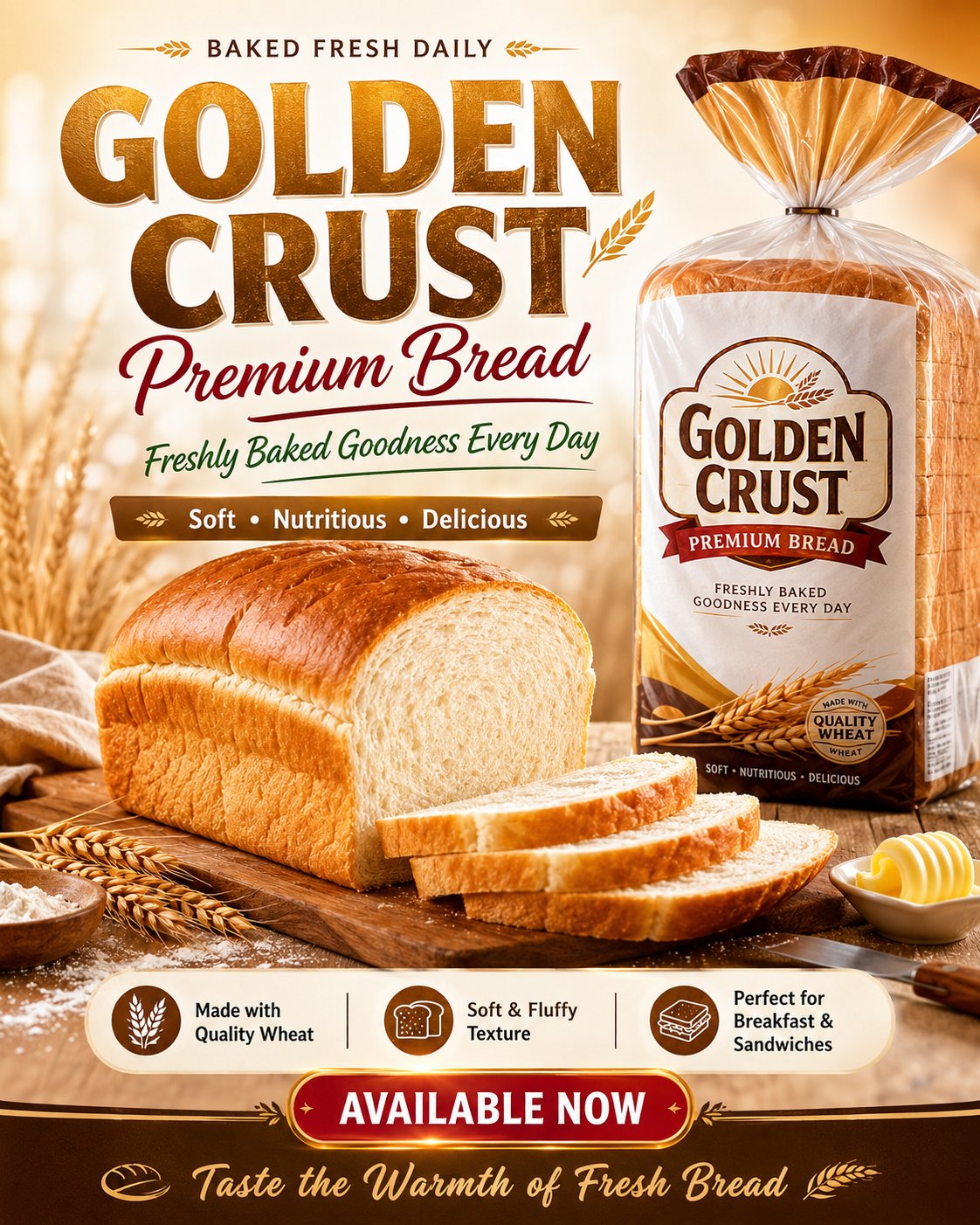 高端金黄色烘焙面包品牌宣传海报 / Premium Golden Crust Bakery Flyer Design，人像与摄影，人像、海报、排版，案例输出图 1