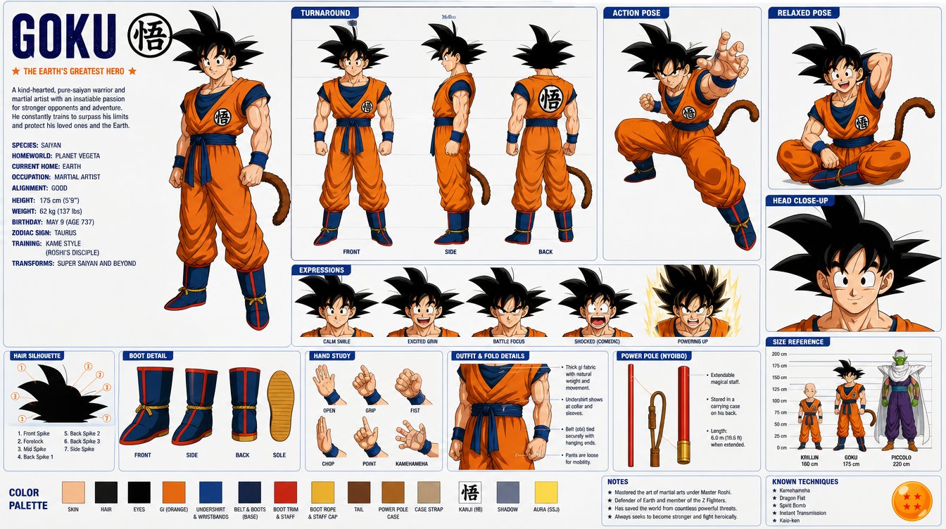 孙悟空动漫风完整角色设计图 / Dragon Ball Goku Anime Character Sheet,角色设计,角色、二次元、排版,案例输出图 1
