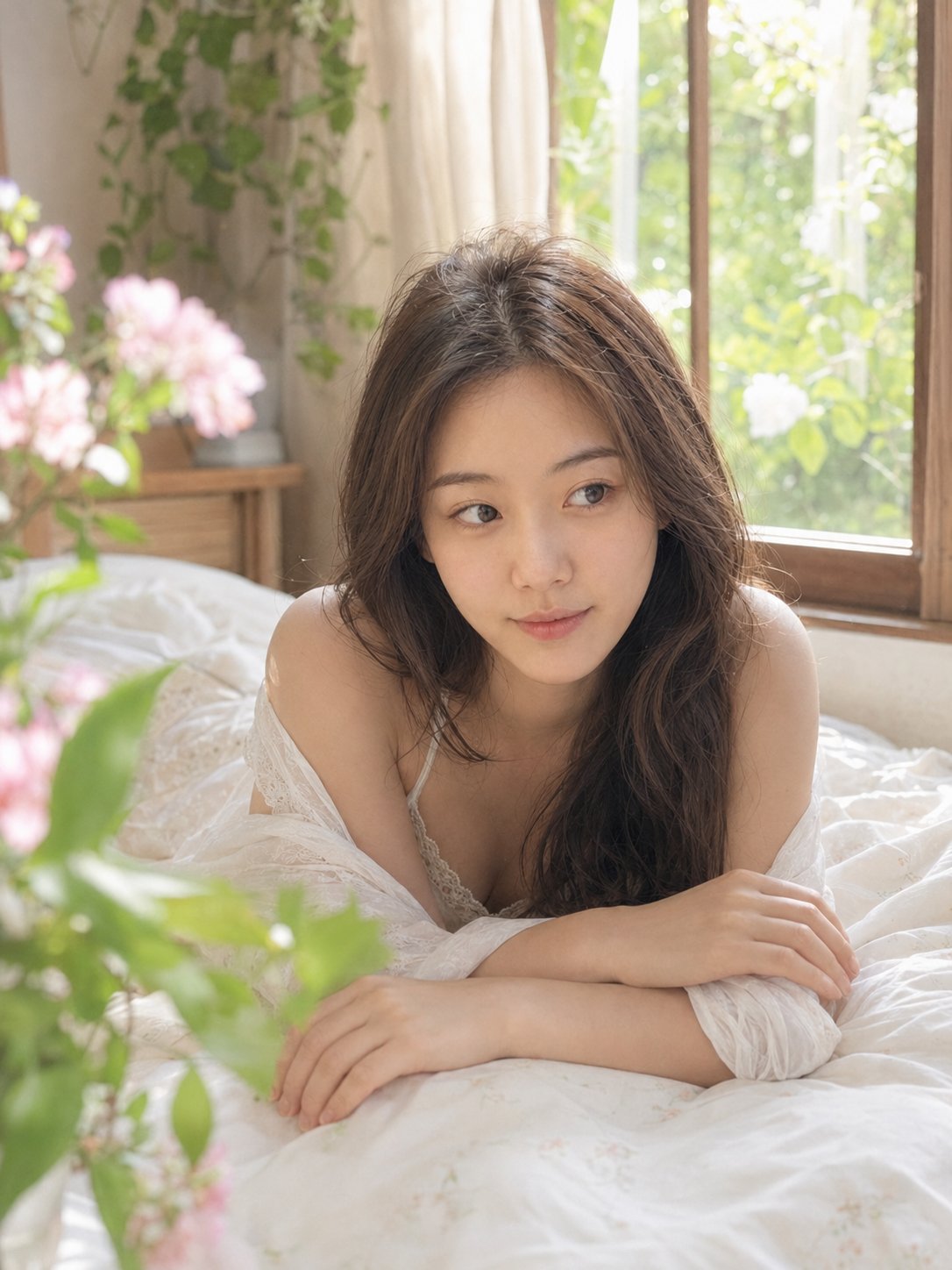 春夏窗边森系法式轻私房写真 / Spring Summer French Boudoir Forest Portrait，角色设计，35mm、人像、电影感，案例输出图 1