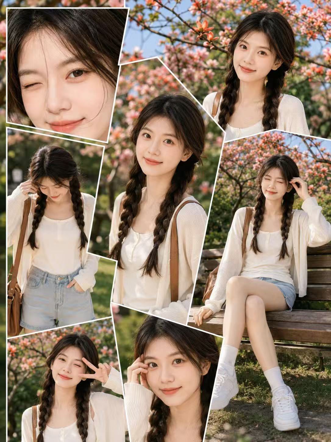 青春甜美春季户外人像拼贴画报 / Spring Lifestyle Portrait Collage Prompt，人像与摄影，人像、时尚、排版，案例输出图 1