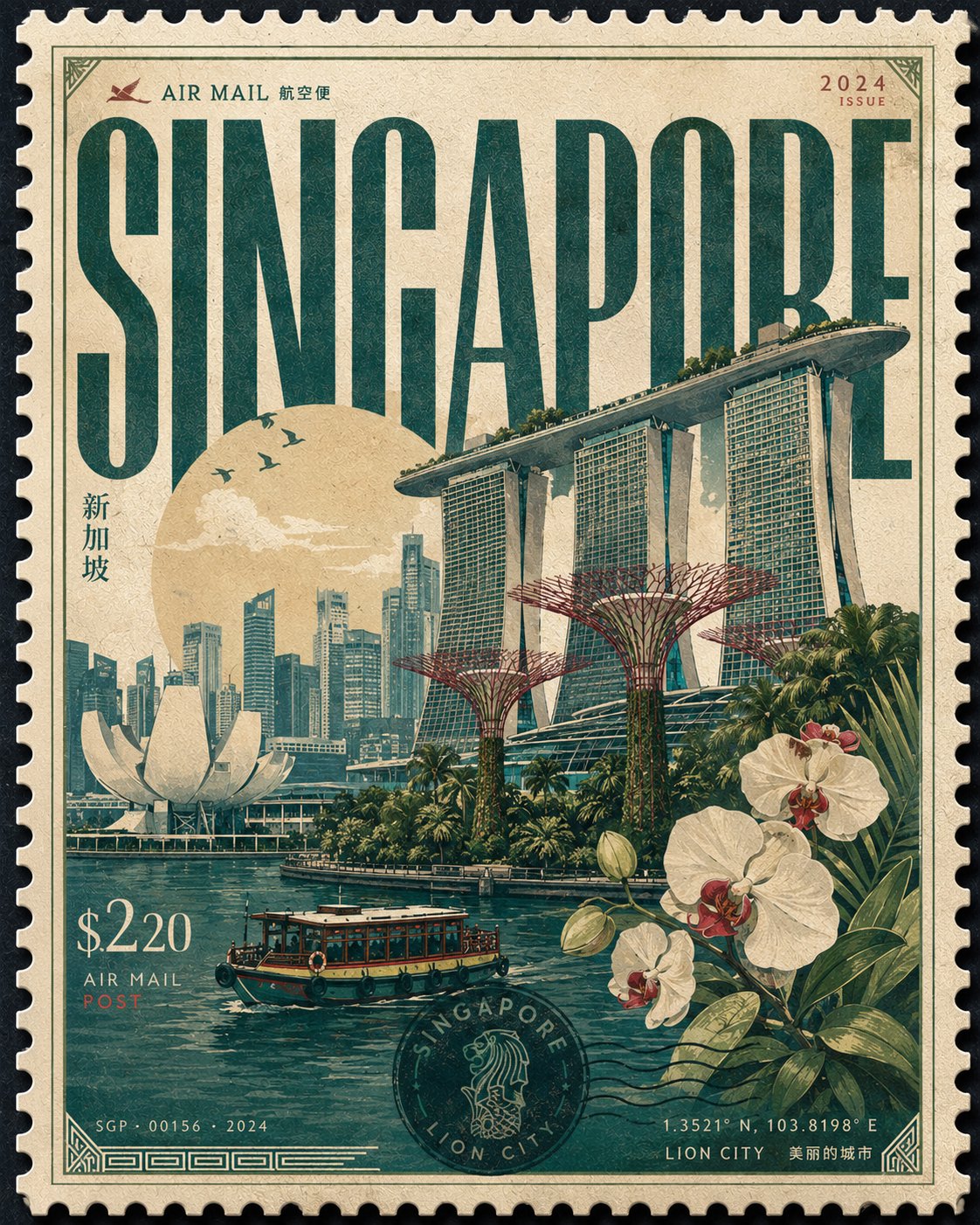 城市主题高端收藏级艺术邮票海报 / Premium City Collectible Stamp Poster，UI 与社交媒体截图，霓虹、电影感、时尚，案例输出图 2