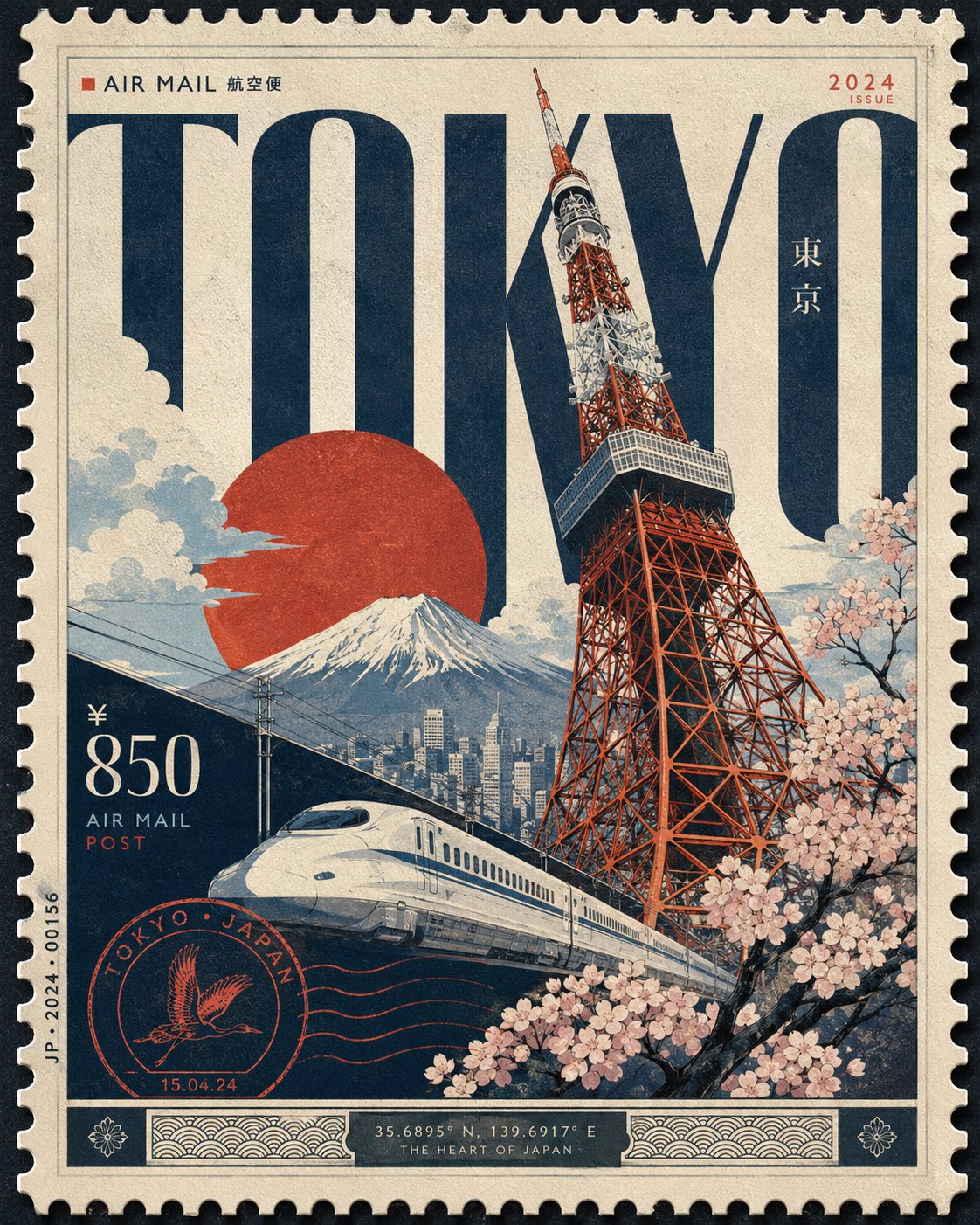 城市主题高端收藏级艺术邮票海报 / Premium City Collectible Stamp Poster，UI 与社交媒体截图，霓虹、电影感、时尚，案例输出图 1