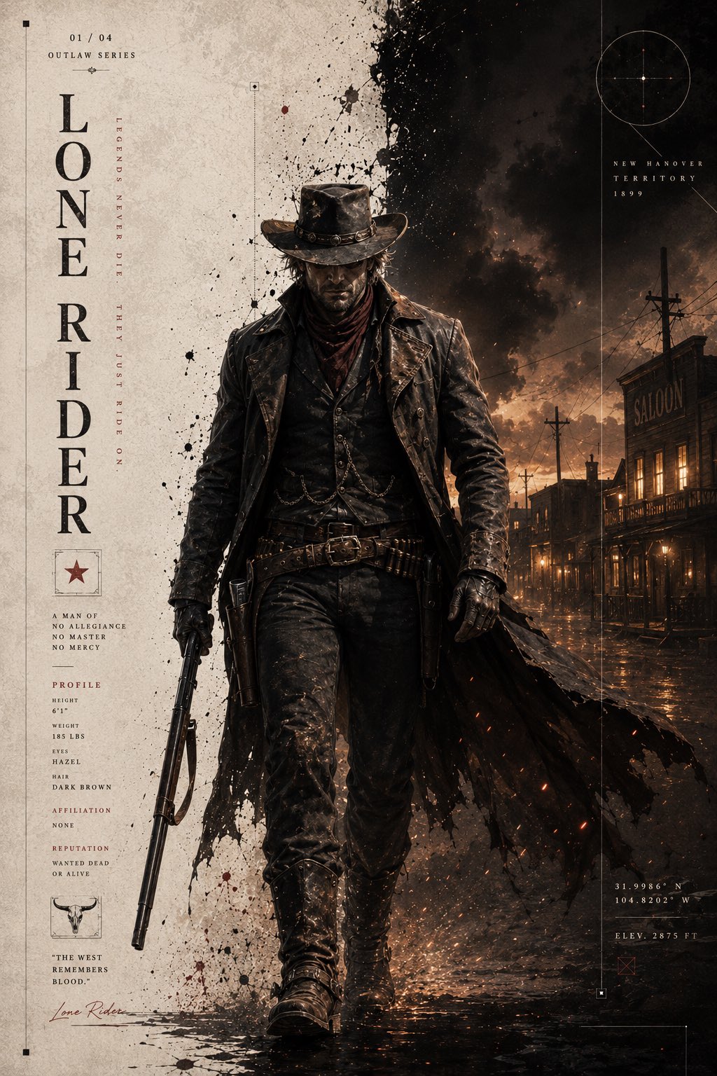 暗黑西部亡命徒高级电影感海报 / Dark Western Outlaw Cinematic Poster，角色设计，电影感、海报、角色，案例输出图 1