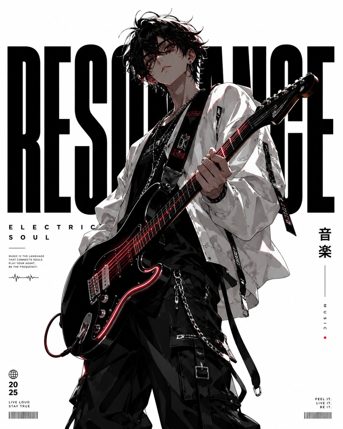 极简主义高端动漫吉他手潮流海报 / Minimalist Anime Guitarist Poster，角色设计，霓虹、电影感、时尚，案例输出图 1