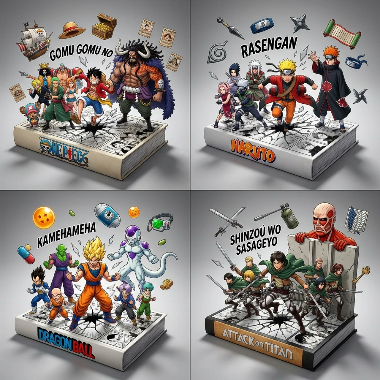 漫画风格3D立体书卷场景提示词 / Manga 3d Pop Up Book Scene Prompt，角色设计，角色、二次元、排版，案例输出图 1