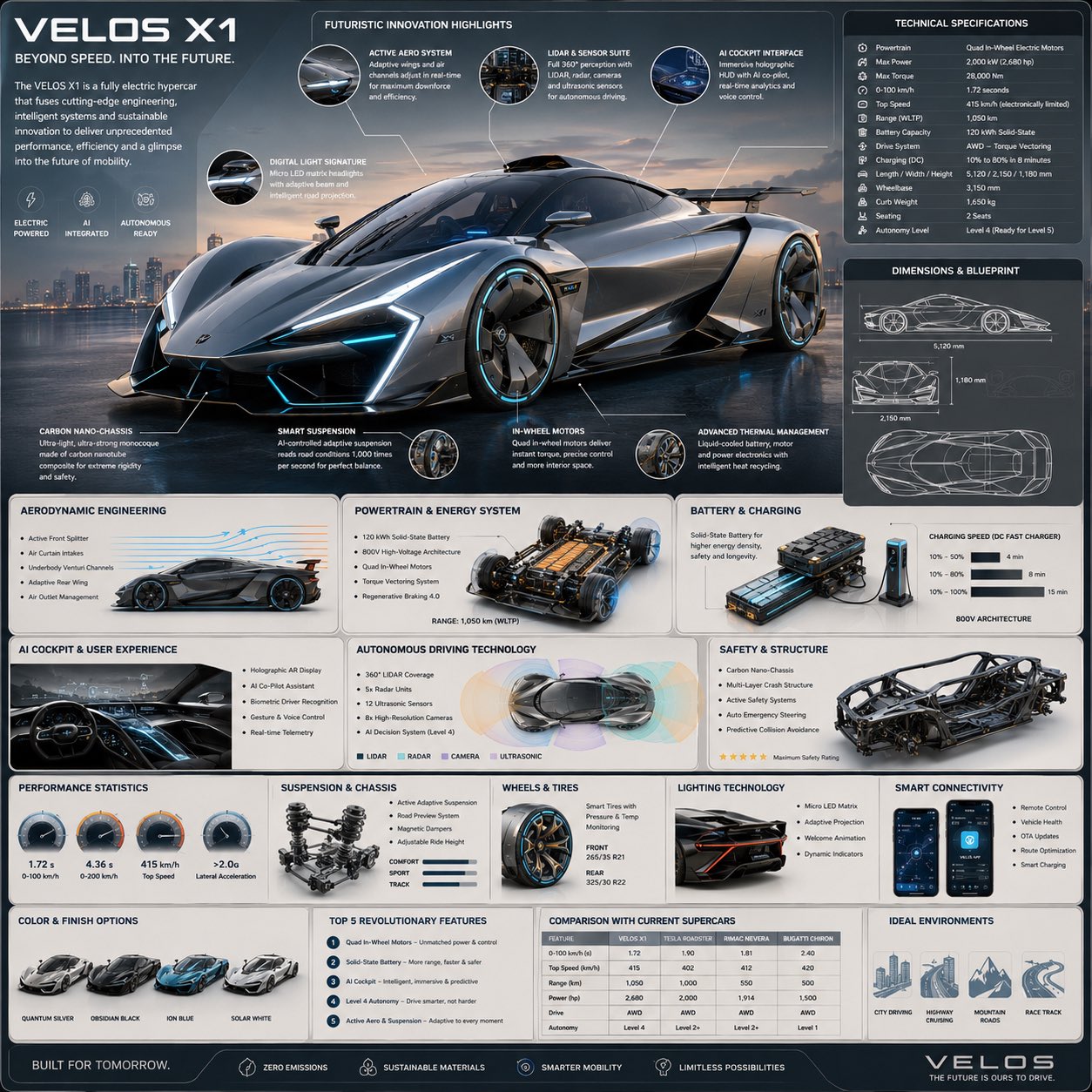 高端未来主义汽车百科图鉴 / Futuristic Hypercar Infographic Handbook Guide，模型对比与社区，霓虹、电影感、时尚，案例输出图 1
