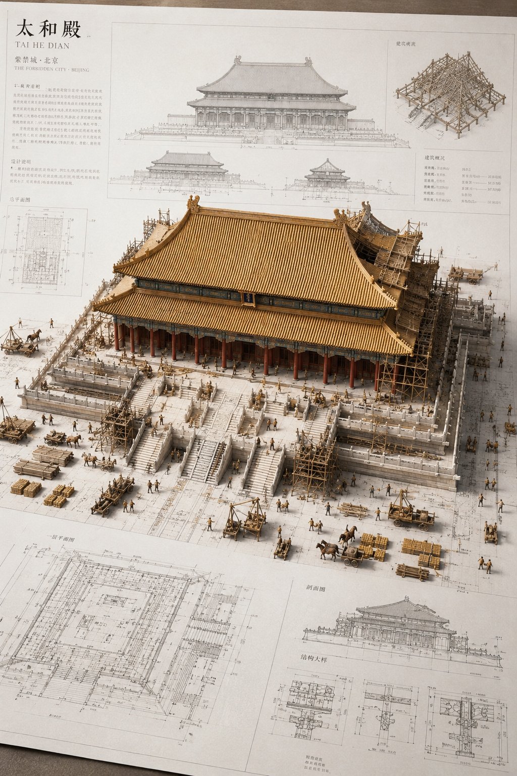 建筑微缩蓝图中国古建模型 / Architectural Miniature Blueprint Chinese Model，海报与插画，海报、插画、信息图，案例输出图 1