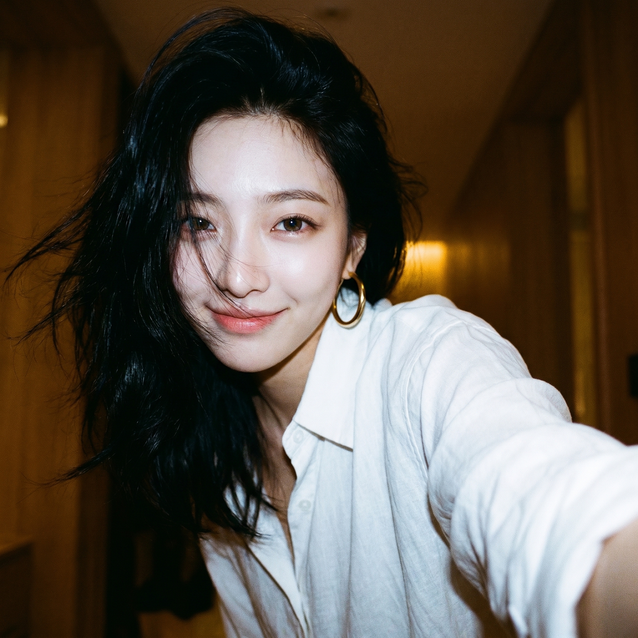 风吹发丝温暖低光胶片感自拍人像 / Wind Swept Low Light Film Selfie Portrait，角色设计，35mm、人像、角色，案例输出图 1
