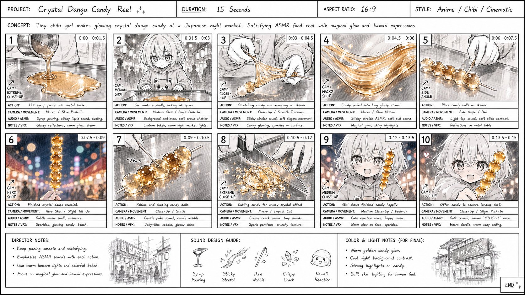 专业动画分镜脚本水晶团子少女 / Anime Storyboard Chibi Girl Crystal Dango Night Market,角色设计,电影感、插画、角色,案例输出图 1