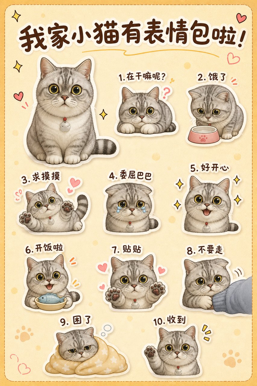 IP形象Q版萌系表情包展示海报 / Ip Character Chibi Sticker Poster Generator，角色设计，海报、角色、二次元，案例输出图 1