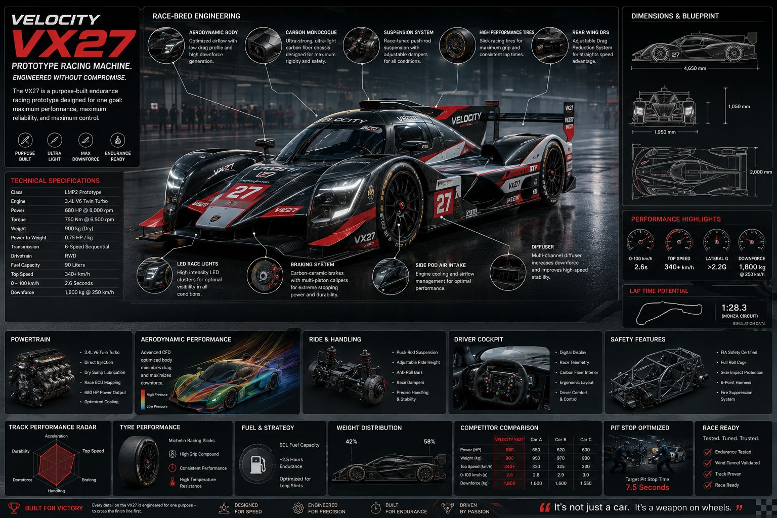 赛车工程技术手册信息图设计 / Motorsport Engineering Infographic Prompt，模型对比与社区，霓虹、电影感、时尚，案例输出图 1