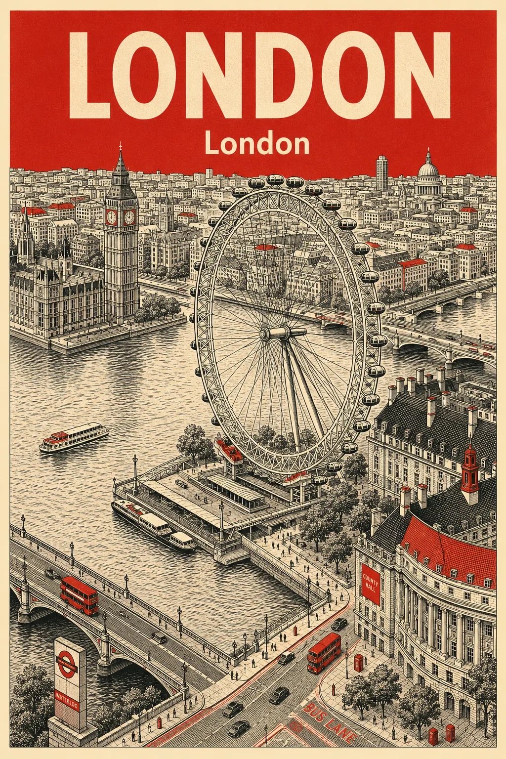 复古伦敦旅行海报鸟瞰城市景观 / Vintage London Travel Poster Aerial Cityscape，人像与摄影，人像、电影感、海报，案例输出图 1