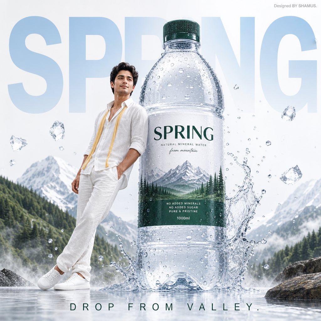 高端矿泉水清爽极简广告海报 / Premium Mineral Water Advertising Poster Spring，人像与摄影，人像、电影感、海报，案例输出图 1