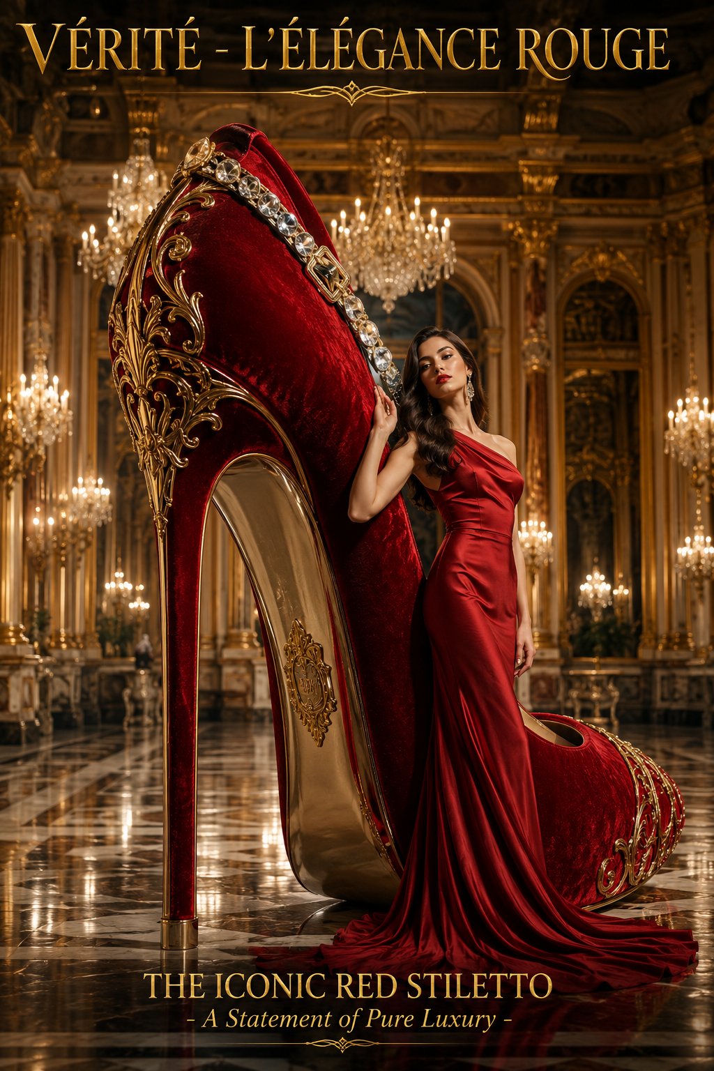 红色丝绒巨型高跟鞋奢华时尚海报 / Cinematic High Fashion Red Stiletto Poster,人像与摄影,人像、电影感、时尚,案例输出图 1