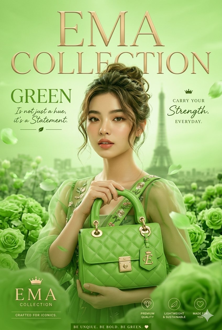 鹦鹉绿梦幻玫瑰时尚杂志海报 / Ema Collection Fashion Advertisement Green Handbag,人像与摄影,人像、时尚、海报,案例输出图 1