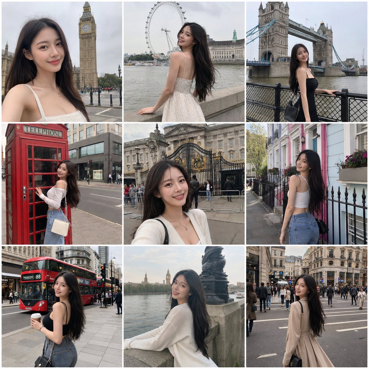 韩国美女伦敦旅行碎片九宫格摄影提示词 / Korean Woman London Travel Collage Prompt，人像与摄影，人像、城市视觉、极简，案例输出图 1